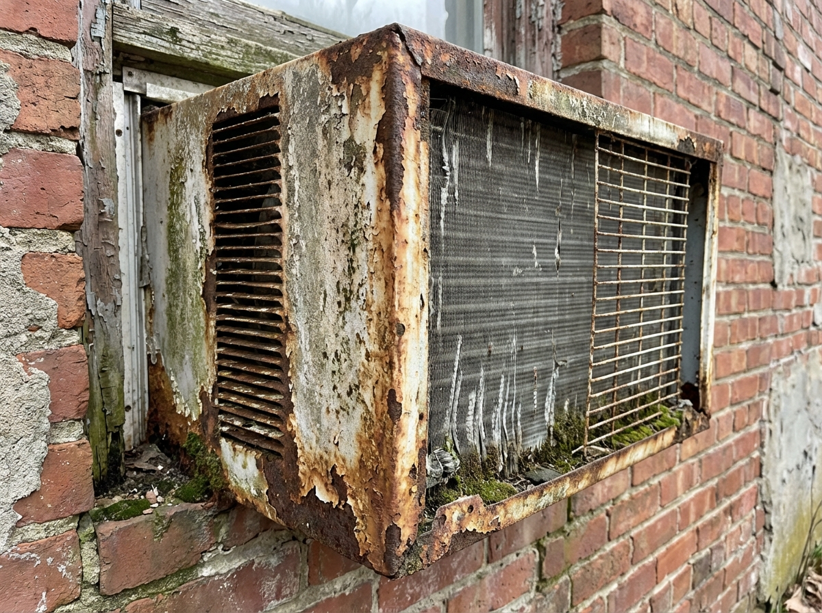 Old HVAC system — worn, inefficient unit before replacement